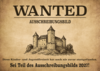 Schwarz-weiße Linienzeichnung einer Burg mit mehreren Türmen auf einem Hügel, darüber der Schriftzug 'WANTED' und darunter Text zur Teilnahme am Ausschreibungsbild 2027